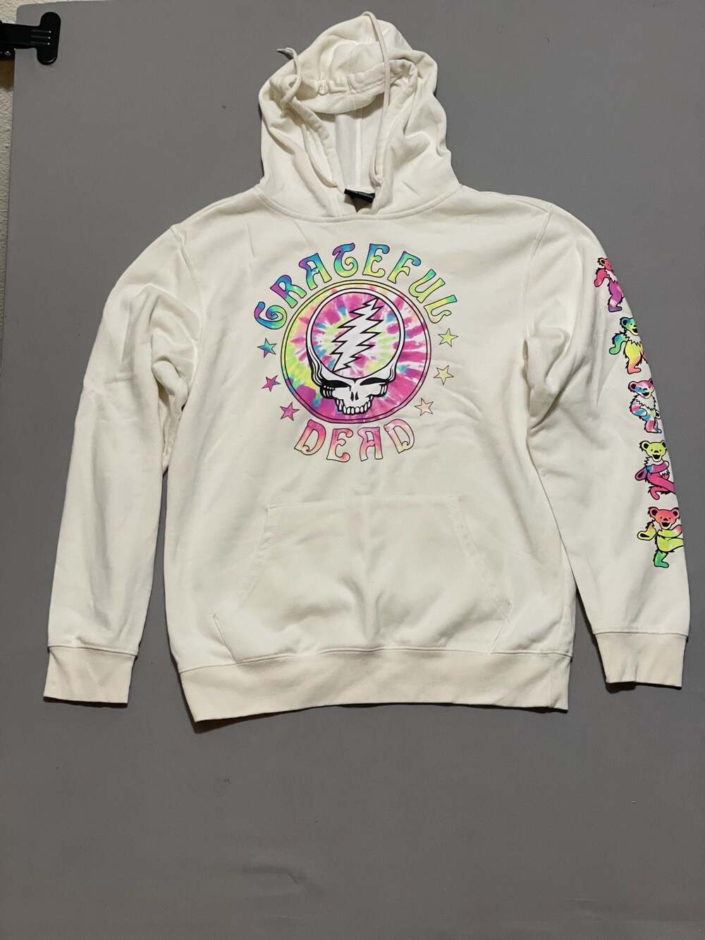 Grateful Dead Steal Your Face Tie-Dye Logo White Hoodie with Dancing Bears Sleev